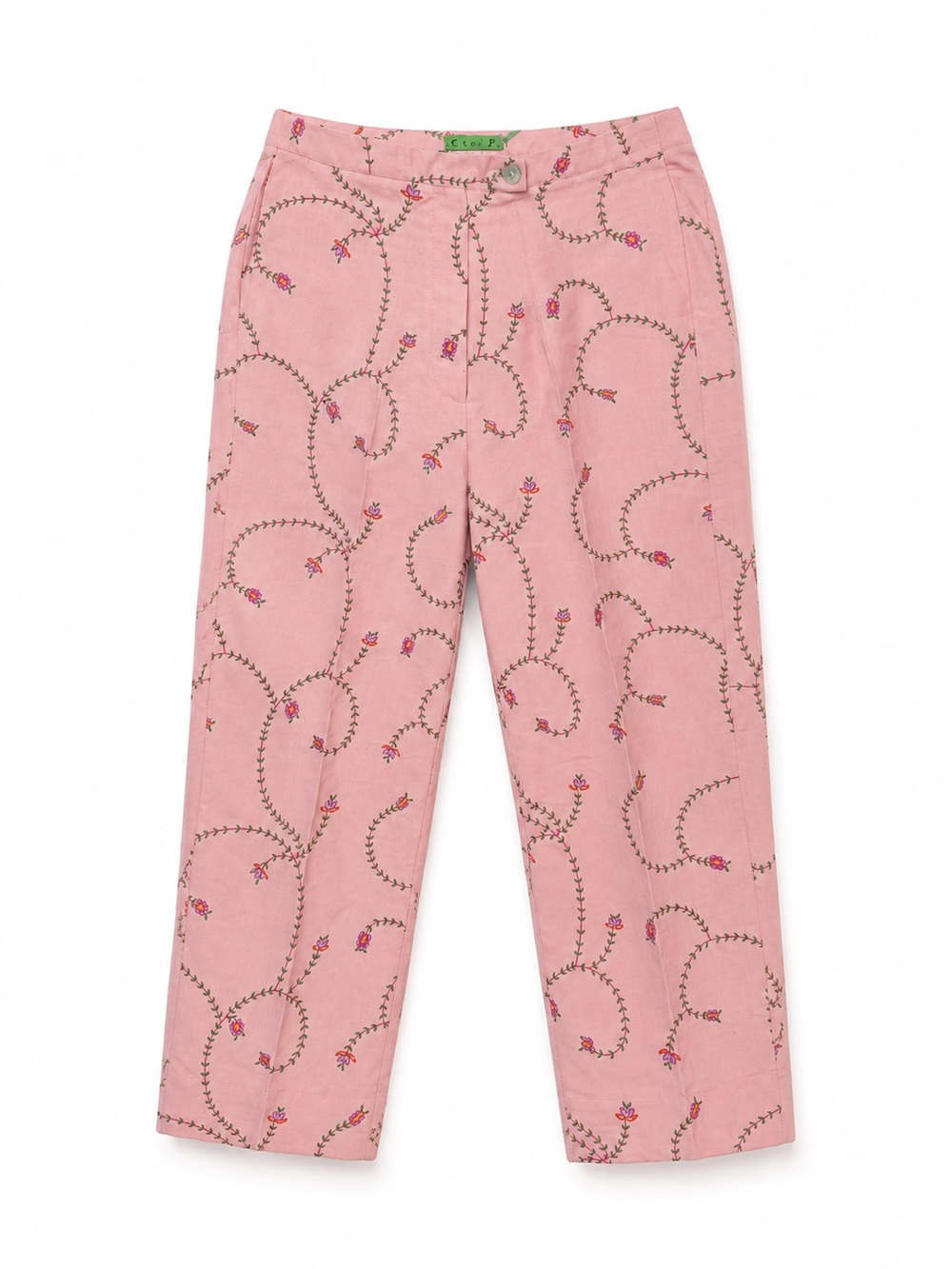 TIBI Pink Silk Embroidered Cropped Cigarette Pants